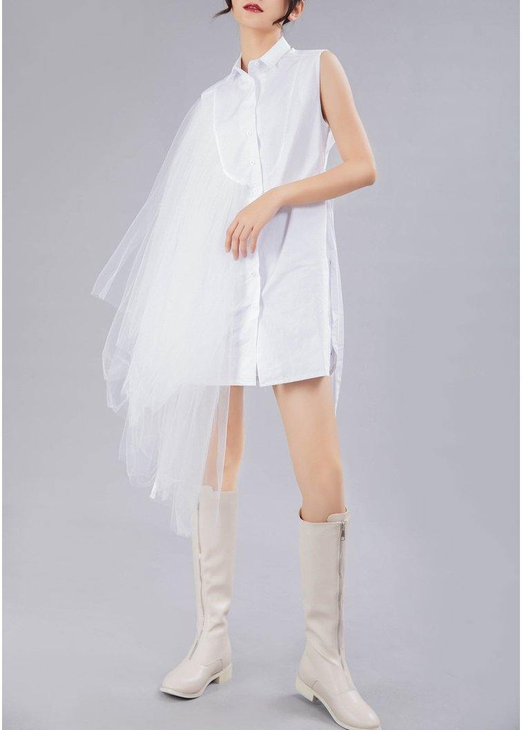 Style White Patchwork Lace Asymmetrical Design Cotton Shirt