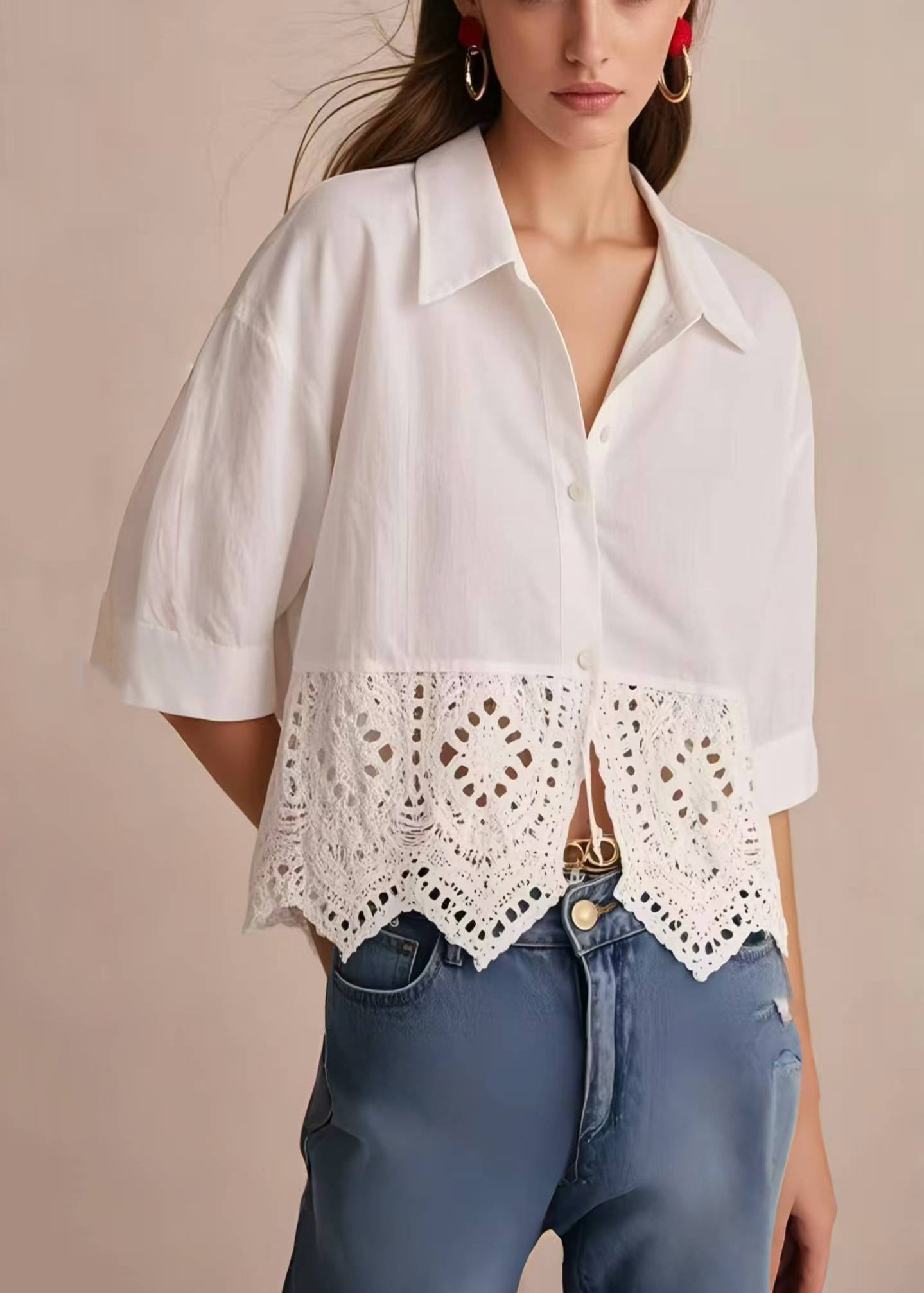 Style White Peter Pan Collar Patchwork Lace Tops Half Sleeve