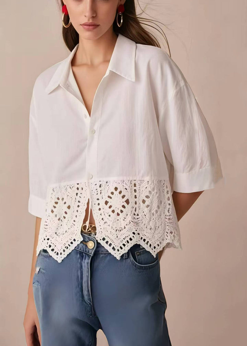 Style White Peter Pan Collar Patchwork Lace Tops Half Sleeve