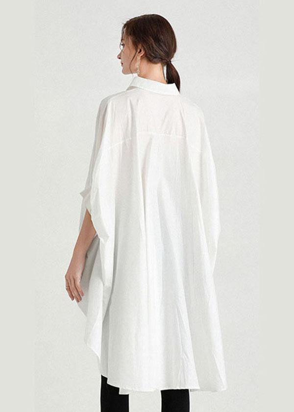 Style White Peterpan Collar Asymmetrical Design Summer Cotton Shirt Top Half Sleeve