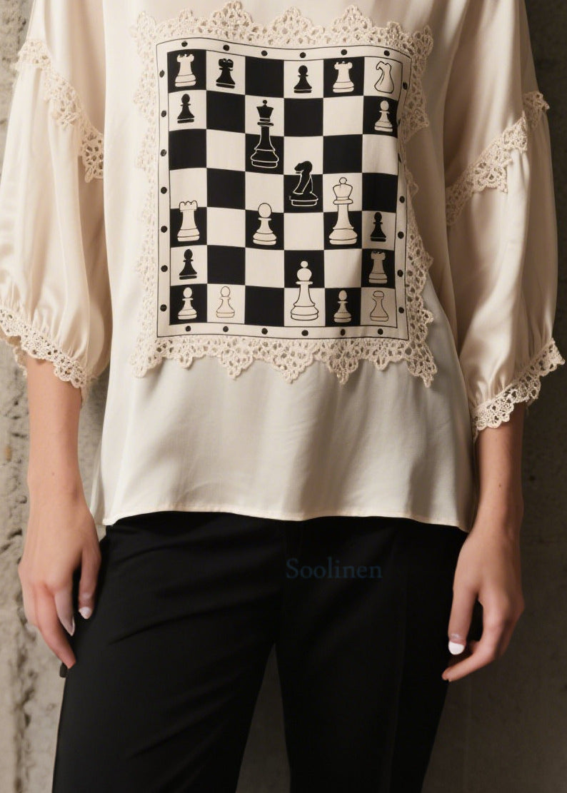 Style White Print Lace Patchwork Silk Top Bracelet Sleeve