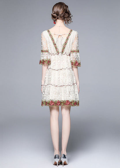 Style White Ruffled Embroideried Patchwork Lace Mid Dress Summer