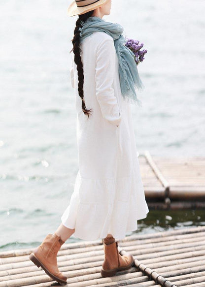 Style White Tunics for O Neck Ruffles Loose Spring Dress