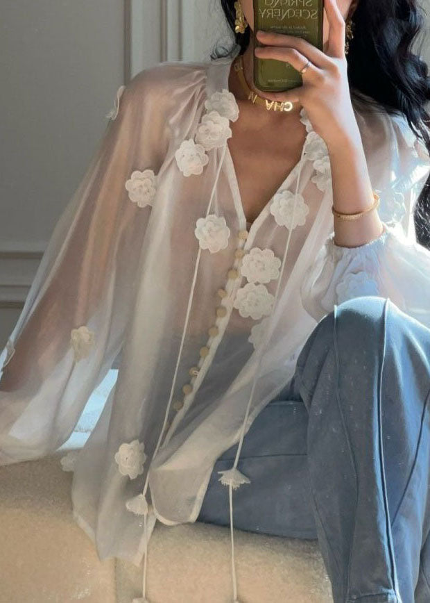Style White V Neck Decorated Patchwork Silk Top Long Sleeve