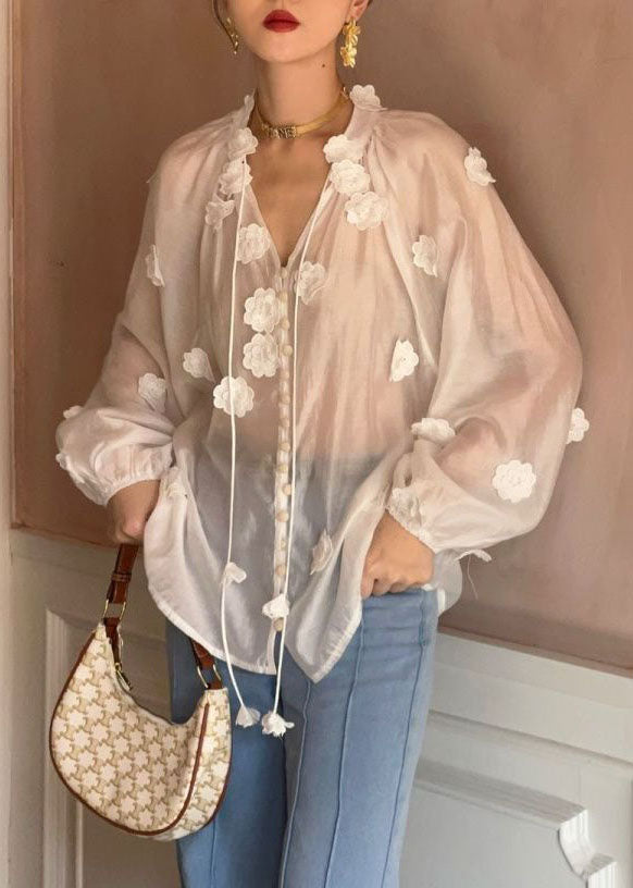 Style White V Neck Decorated Patchwork Silk Top Long Sleeve