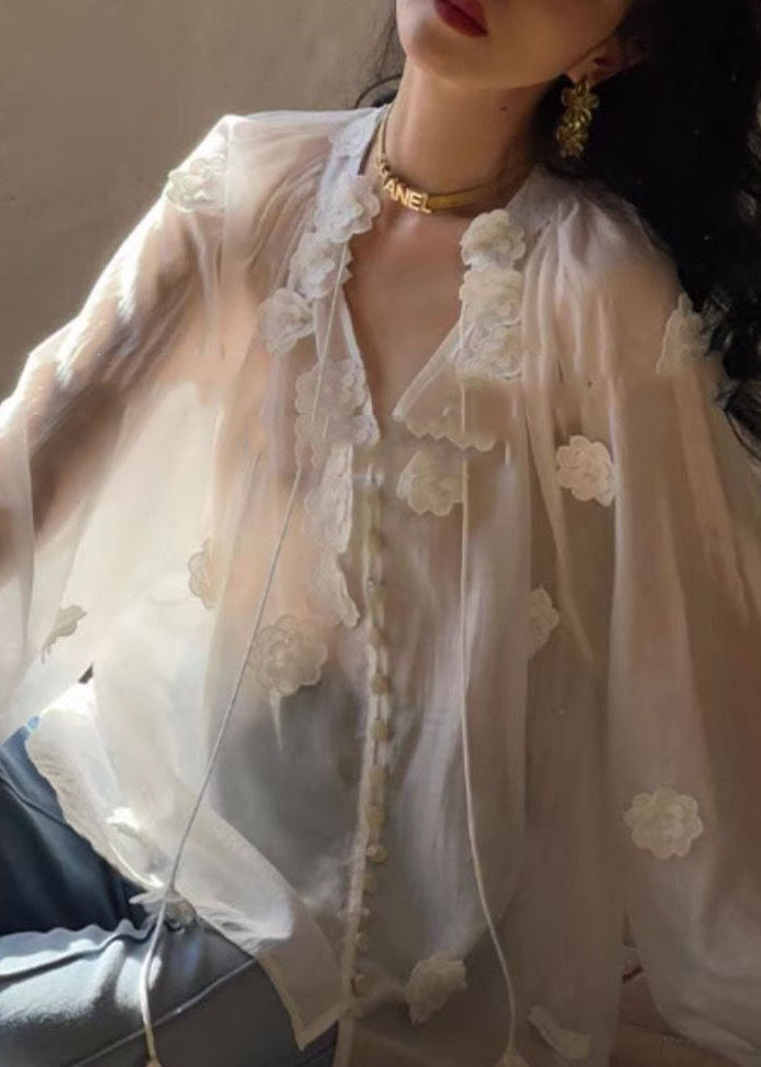 Style White V Neck Decorated Patchwork Silk Top Long Sleeve