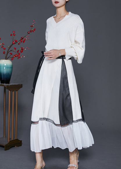 Style White V Neck Patchwork Knit Sweater and Skirt Two Pieces Set Spring