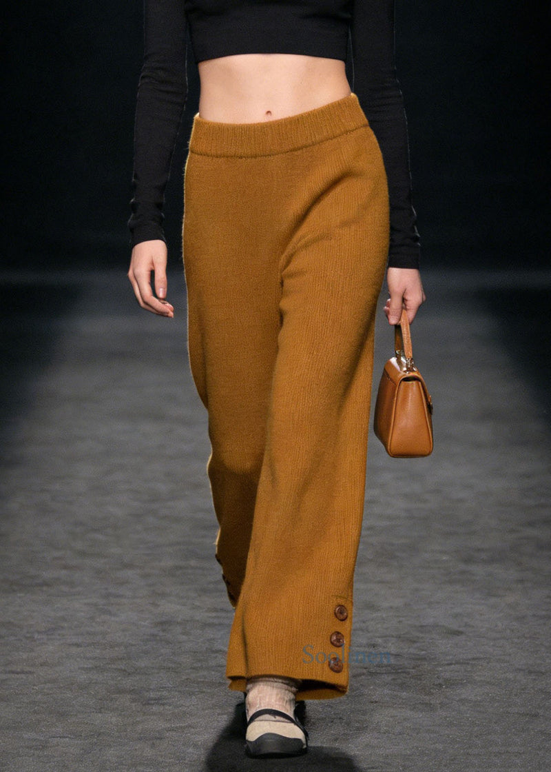 Style Yellow Button High Waist Knit Pants Spring