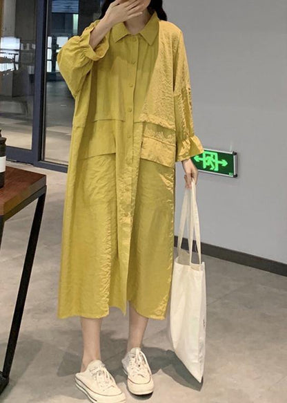 Style Yellow Dress Lapel Pockets Maxi Spring Dresses