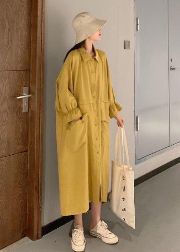 Style Yellow Dress Lapel Pockets Maxi Spring Dresses