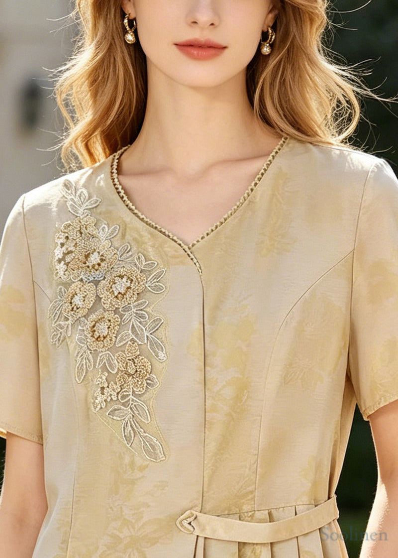 Style Yellow Embroidered Wrinkled Silk Top Summer