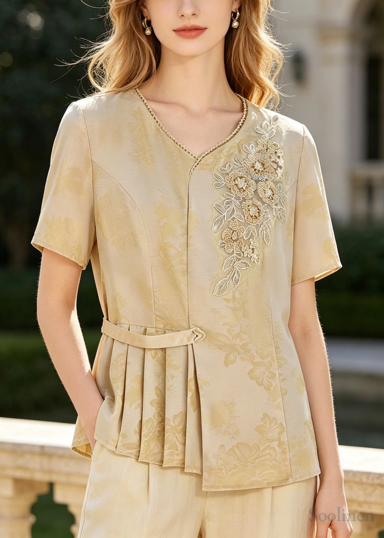 Style Yellow Embroidered Wrinkled Silk Top Summer