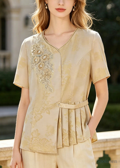 Style Yellow Embroidered Wrinkled Silk Top Summer