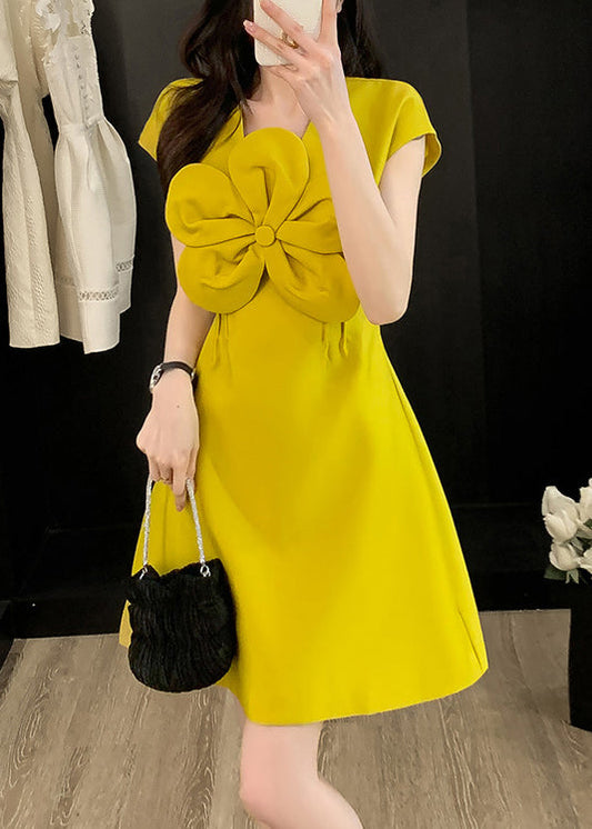 Style Yellow O Neck Decorated Cotton Dress Summer