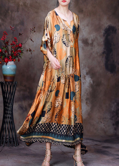 Style Yellow O-neck Wrinkled Print Silk Long Dress Half Sleeve