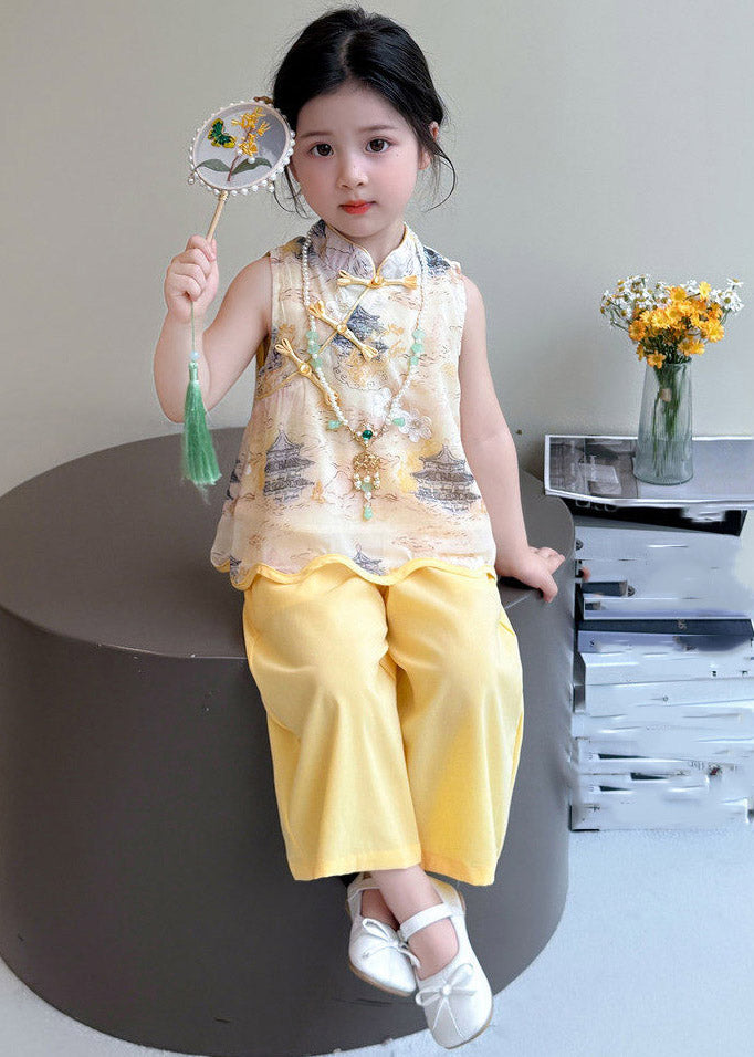 Style Yellow Stand Collar Print Top and Wide Leg Pants Two Pieces Set Sleeveless