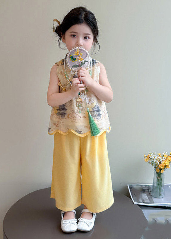 Style Yellow Stand Collar Print Top and Wide Leg Pants Two Pieces Set Sleeveless