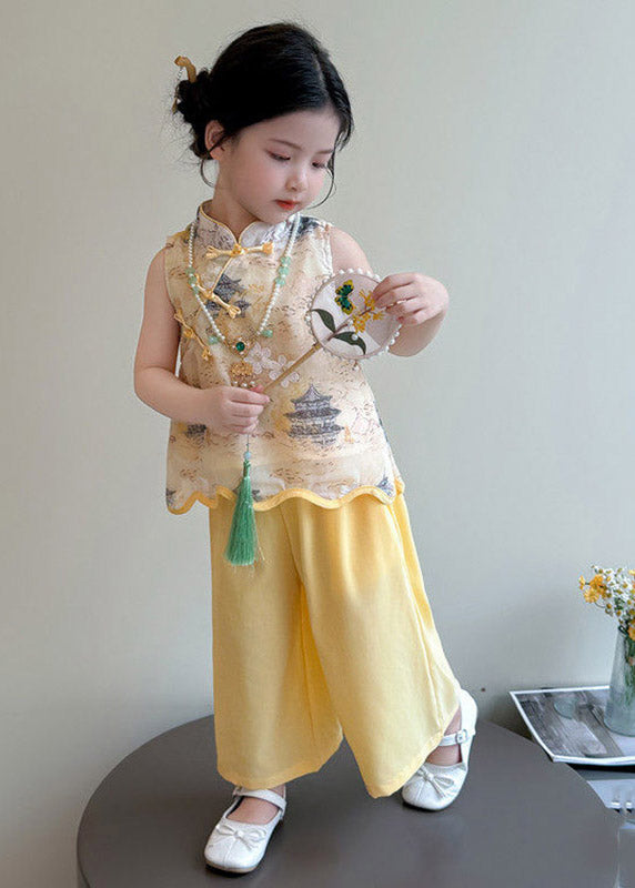 Style Yellow Stand Collar Print Top and Wide Leg Pants Two Pieces Set Sleeveless