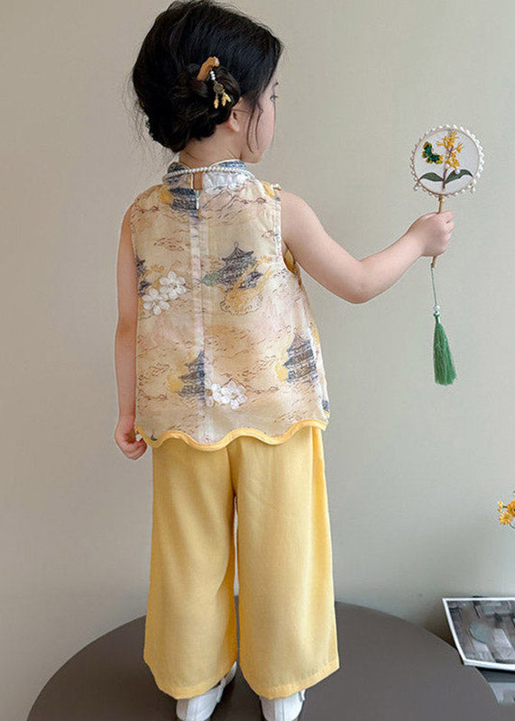 Style Yellow Stand Collar Print Top and Wide Leg Pants Two Pieces Set Sleeveless