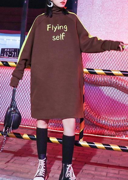 Style Alphabet Prints Cotton High Neck Quilting Clothes Shape Brown Dress