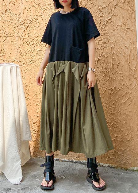 Style Army Green Cotton Clothes O Neck Patchwork Traveling Summer Dresses