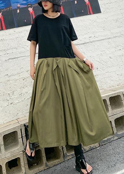 Style Army Green Cotton Clothes O Neck Patchwork Traveling Summer Dresses