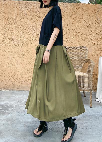 Style Army Green Cotton Clothes O Neck Patchwork Traveling Summer Dresses