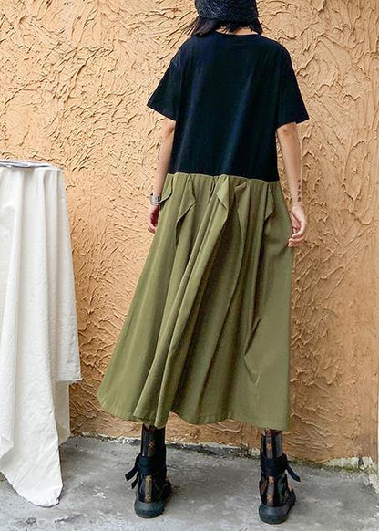 Style Army Green Cotton Clothes O Neck Patchwork Traveling Summer Dresses