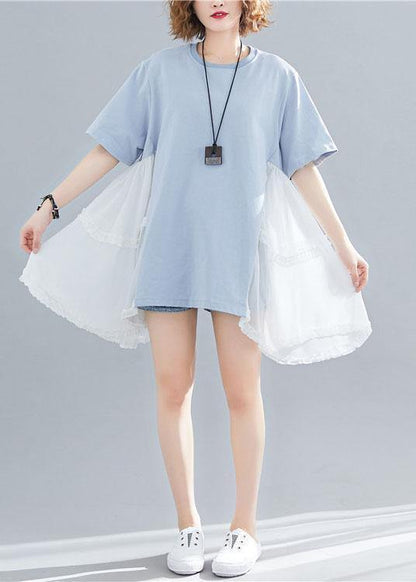 Style Asymmetric Hem Cotton Clothes for Photography Blue Patchwork Shirt Summer