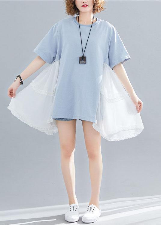 Style Asymmetric Hem Cotton Clothes for Photography Blue Patchwork Shirt Summer