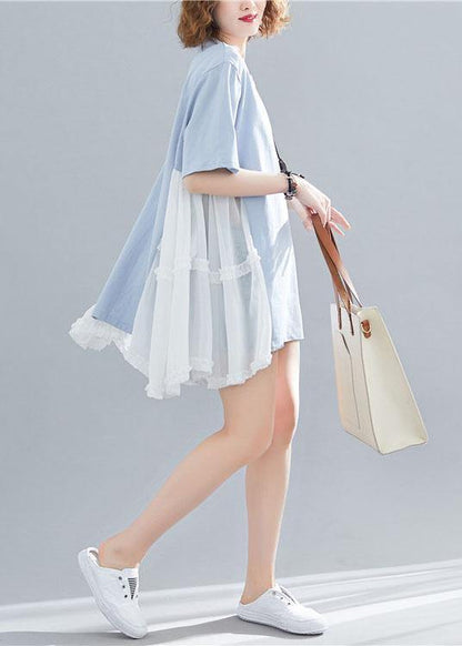 Style Asymmetric Hem Cotton Clothes for Photography Blue Patchwork Shirt Summer