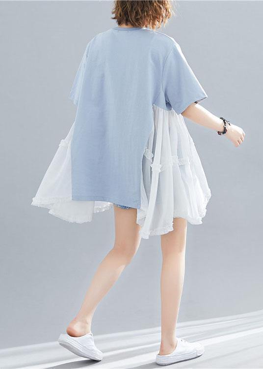 Style Asymmetric Hem Cotton Clothes for Photography Blue Patchwork Shirt Summer