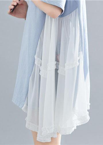 Style Asymmetric Hem Cotton Clothes for Photography Blue Patchwork Shirt Summer