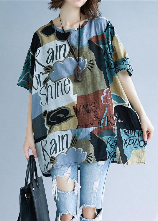 Style Asymmetric Prints Cotton Shirts O Neck Summer Tops