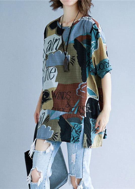Style Asymmetric Prints Cotton Shirts O Neck Summer Tops