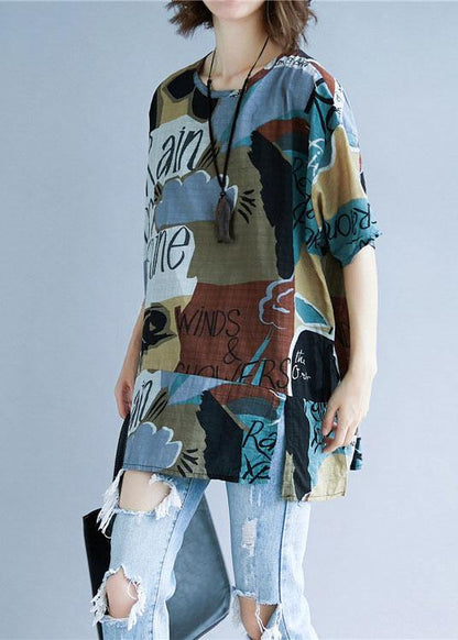 Style Asymmetric Prints Cotton Shirts O Neck Summer Tops