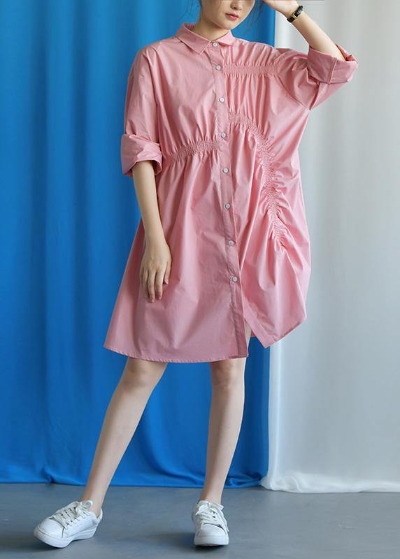 Style Asymmetric Cinched Cotton Quilting Clothes Work Outfits Pink Dress Fall