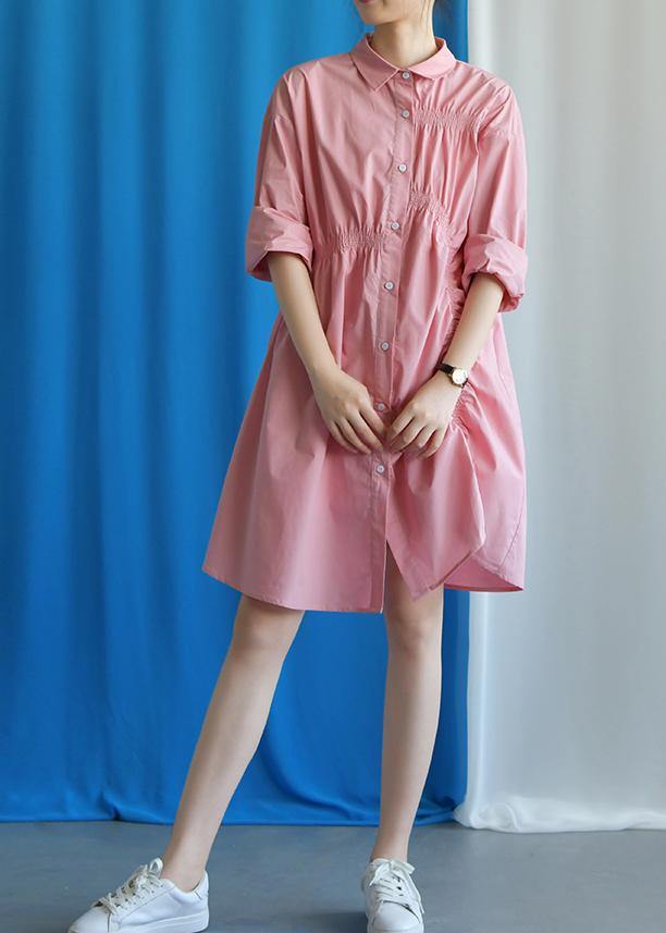 Style Asymmetric Cinched Cotton Quilting Clothes Work Outfits Pink Dress Fall