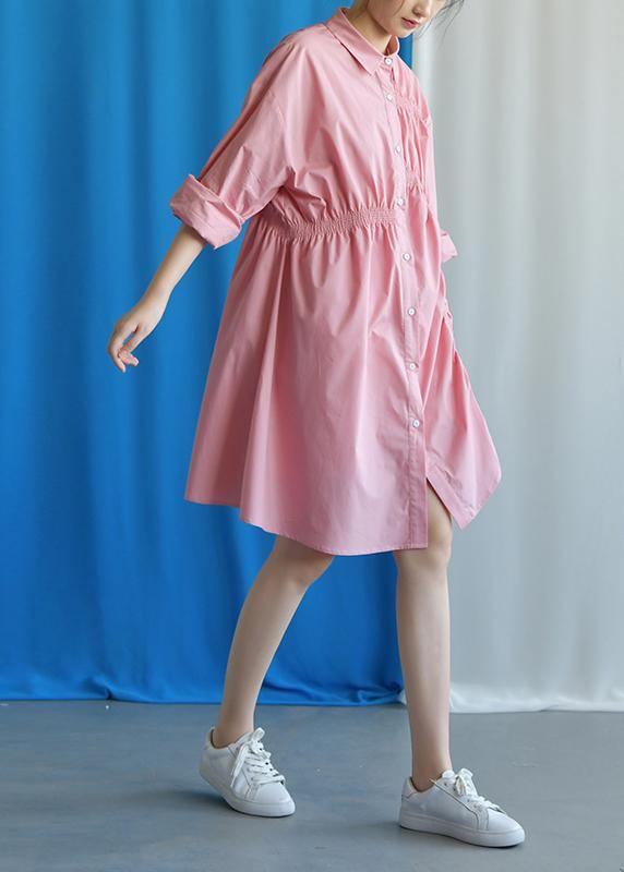 Style Asymmetric Cinched Cotton Quilting Clothes Work Outfits Pink Dress Fall