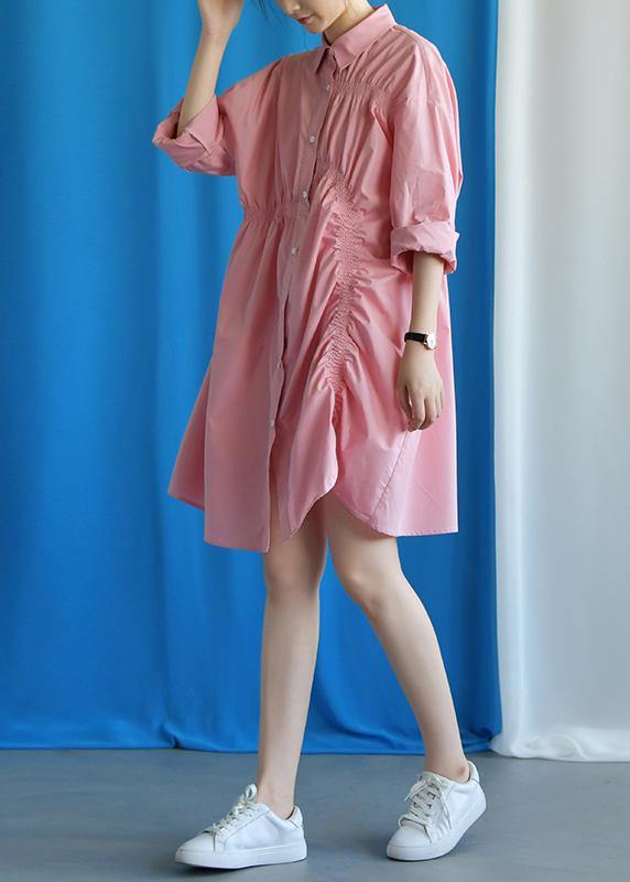 Style Asymmetric Cinched Cotton Quilting Clothes Work Outfits Pink Dress Fall