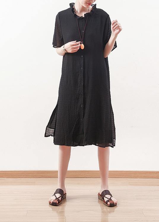 Style Black Chiffon Shirts Ruffles Collar Knee Summer Dresses