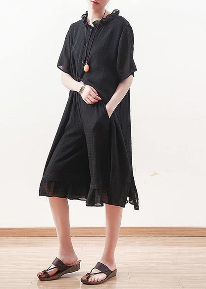 Style Black Chiffon Shirts Ruffles Collar Knee Summer Dresses