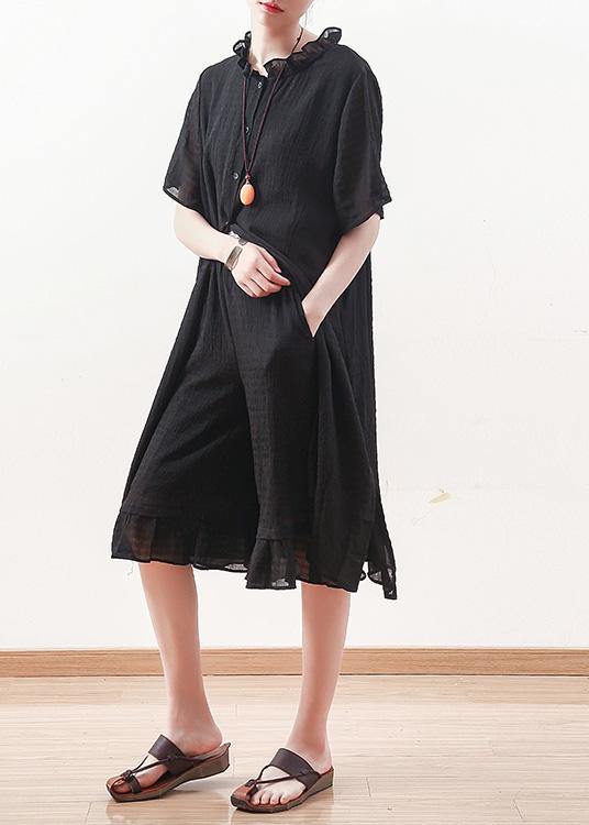 Style Black Chiffon Shirts Ruffles Collar Knee Summer Dresses