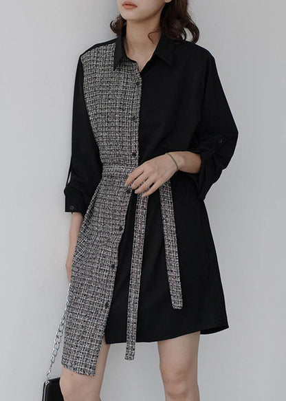 Style Black Cotton Wardrobes Tie Waist Daily Patchwork Dresses
