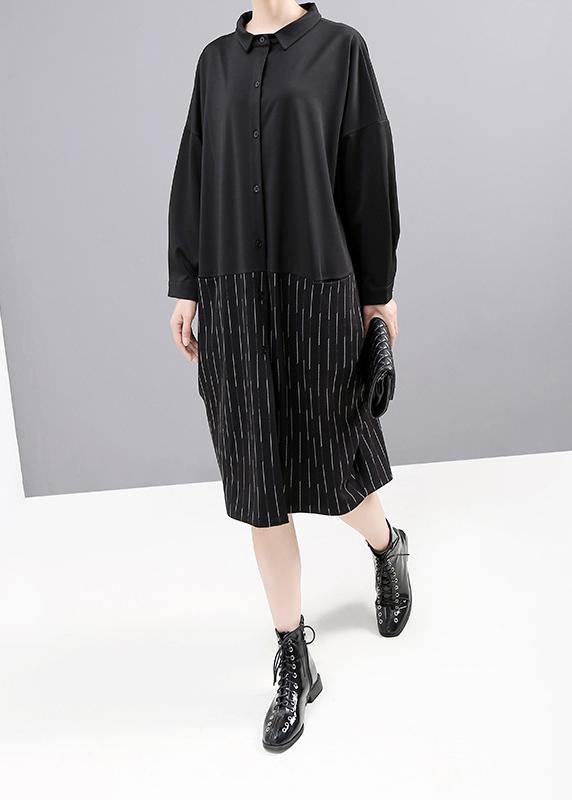 Style Black Cotton Clothes Patchwork Loose Fall Shirt Dress