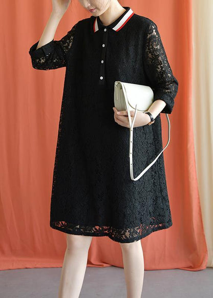 Style Black Cotton Clothes Lapel Lace Fall Dress