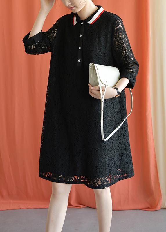 Style Black Cotton Clothes Lapel Lace Fall Dress