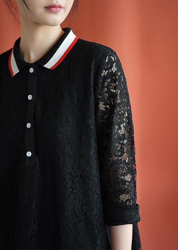 Style Black Cotton Clothes Lapel Lace Fall Dress