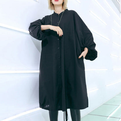 Style Black Cotton Dresses Outfits Drawstring Midi Dress