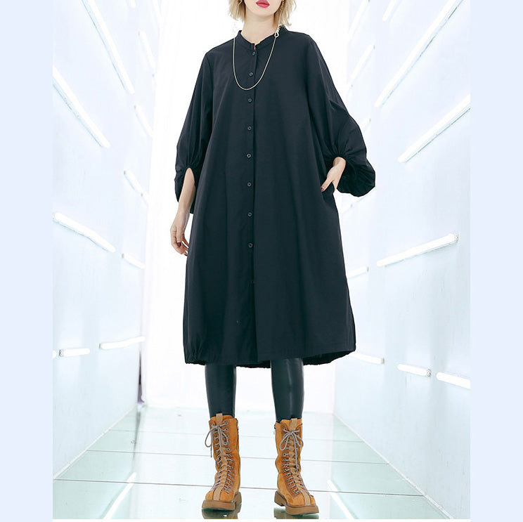 Style Black Cotton Dresses Outfits Drawstring Midi Dress